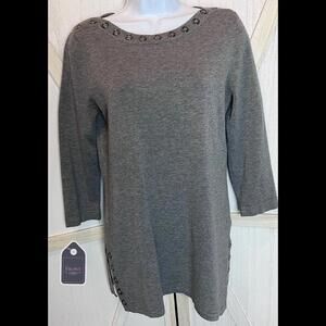 Cable & Gauge Womens Sweater Size Small Gray 3/4 Sleeve Tunic Studded Trim